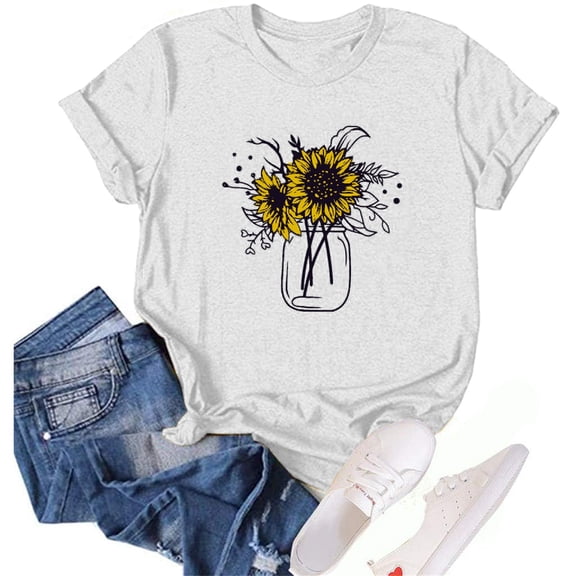 Bovemsi Women's Spring Round Neck Sunflower Printed Loose Casual Short Sleeved T Shirt, White Women's Summer Short Sleeve T-Shirts, S