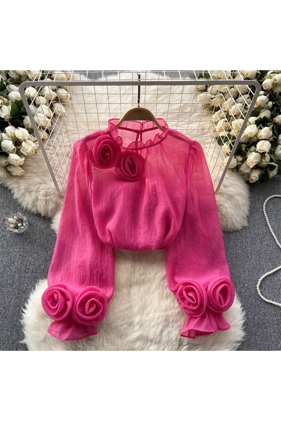 Women's Spring Solid Color Round Neck Three Flower Bubble Sleeve Long Sleeved Chiffon Shirt, Pink Women's Summer Chiffon Blouses, One Size