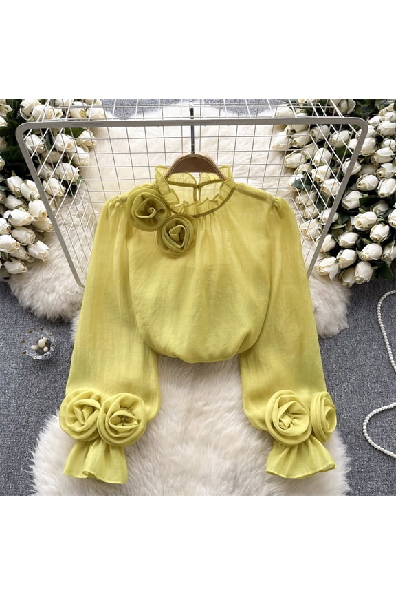 Women's Spring Solid Color Round Neck Three Flower Bubble Sleeve Long Sleeved Chiffon Shirt, Yellow Women's Summer Chiffon Blouses, One Size