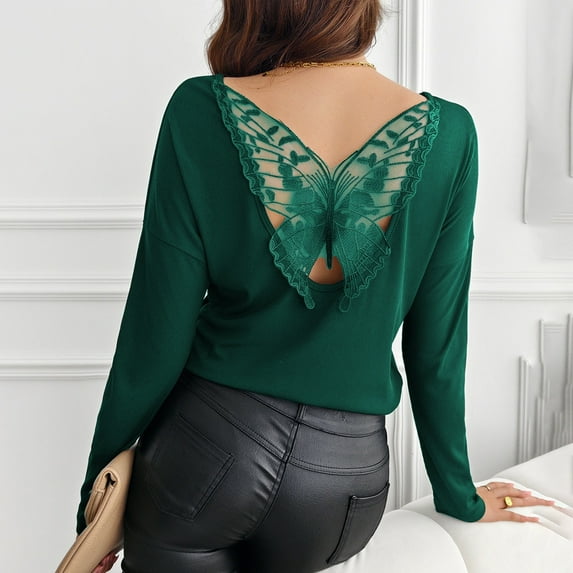 Bovemsi Women's Spring Solid Color Splicing Butterfly Lace Sexy Hollow Back Ribbed Long Sleeve T Shirt, Green Summer Women's Long Sleeve T-Shirts, L
