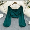thumbnail image 1 of Bovemsi Women's Spring Solid Color V Neck Pleated Bubble Long Sleeved Pullover Shirt Short Style Exposed Belly Top, Green Women's Summer Shirts, One Size, 1 of 9