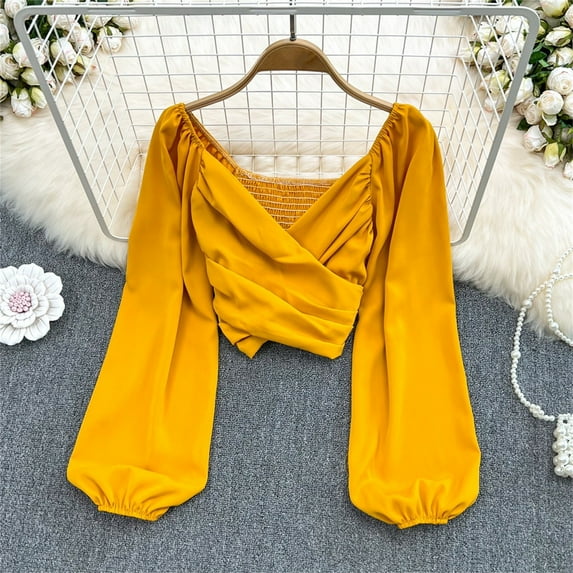 Bovemsi Women's Spring Solid Color V Neck Pleated Bubble Long Sleeved Pullover Shirt Short Style Exposed Belly Top, Yellow Women's Summer Shirts, One Size