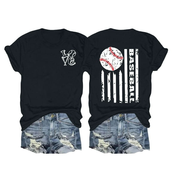 Bovemsi Women's Spring/Summer Baseball Print Loose T Shirt Short Sleeve Top, Black Women's Summer Short Sleeve T-Shirts, M