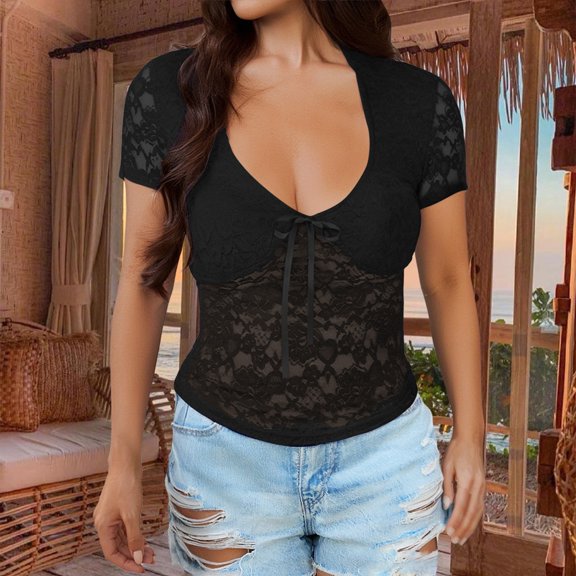 Bovemsi Women's Spring Summer Knit Short Sleeve Top Slim Fit Hollow Out Fashionable Trendy Versatile for Beach and Casual Wear, Black Women's Summer Short Sleeve T-Shirts, L