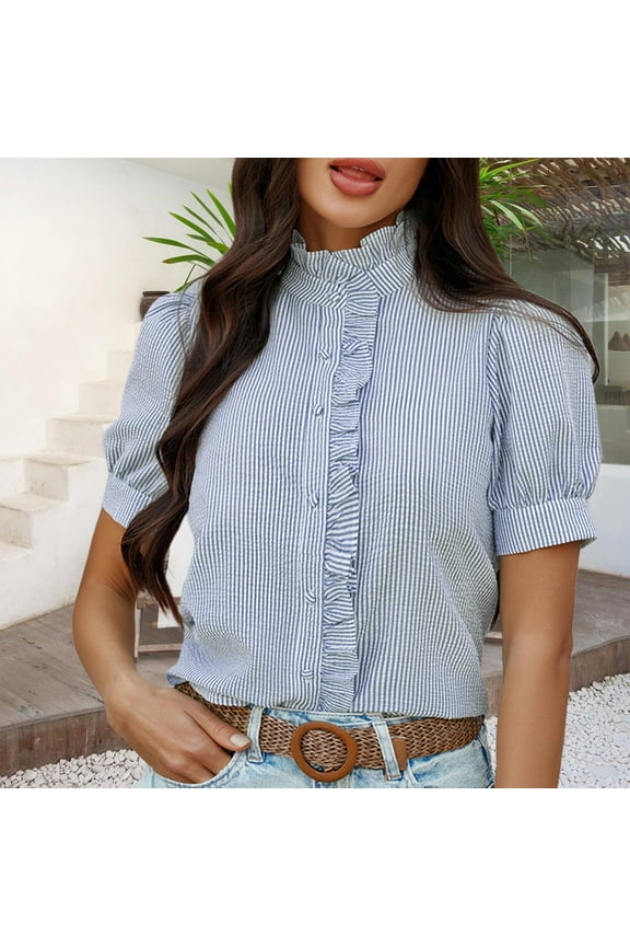 Women's Striped Down Shirts Casual Puff Short Sleeve Ruffle Mock Neck Work Blouses Tops, Blue Women's Summer Short Sleeve T-Shirts, XL