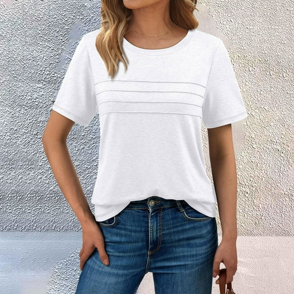Bovemsi Women's Summer Short Sleeve Shirts Trendy T Shirts Casual Blouses 2025 Crew Neck Tunic Beach Fashion Tops, White Women's Summer Short Sleeve T-Shirts, M