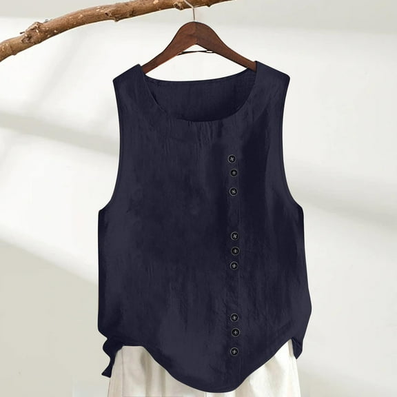 Bovemsi Women's Summer Solid Color Tops Fashionable Casual Loose Cotton Linen Women's T Shirt Vest Strap, Blue Women's Summer Tank Tops, M