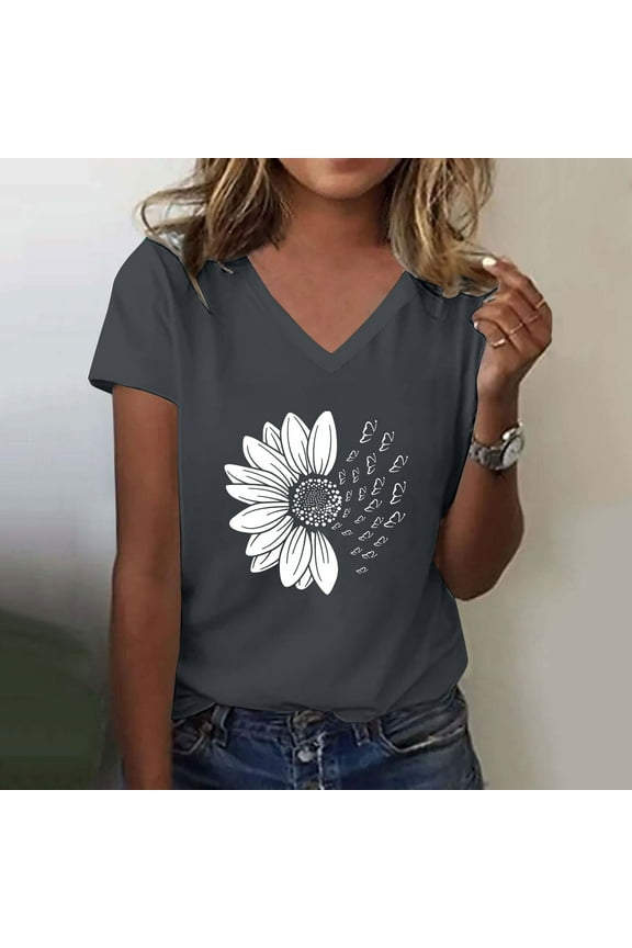 Women's Sunshade Summer T Shirt Plus Size Loose Top Top Girls Short Sleeve Graphic Casual V Neck T Shirt, Gray Women's Summer Short Sleeve T-Shirts, XXL