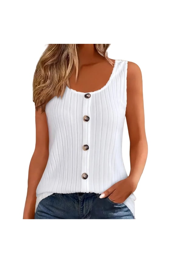 Women's Tanks & Camis 2025 New Ribbed Tank Top Round Neck Button Knitted White Camisole