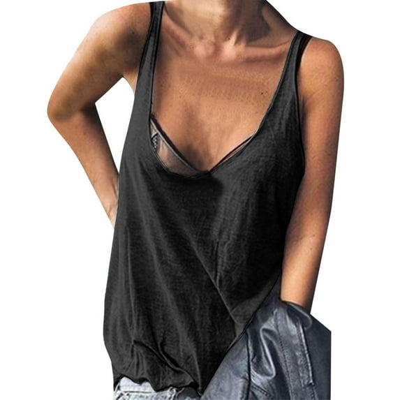 Bovemsi Women's Tanks & Camis Summer Fashion Top Shirt Casual Chiffon Sleeveless Elegant Solid U Neck Sports Blouse Black Camisole