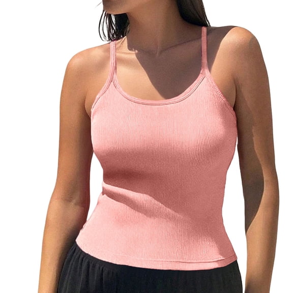 Bovemsi Women's Tanks & Camis Summer Ribbed Round Neck Vest Basic Style Solid Color Slim Fit Elastic Top Camisoles for Under Clothes