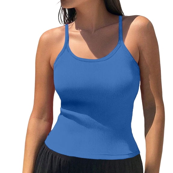 Bovemsi Women's Tanks & Camis Summer Ribbed Round Neck Vest Basic Style Solid Color Slim Fit Elastic Top Camisoles for Under Clothes