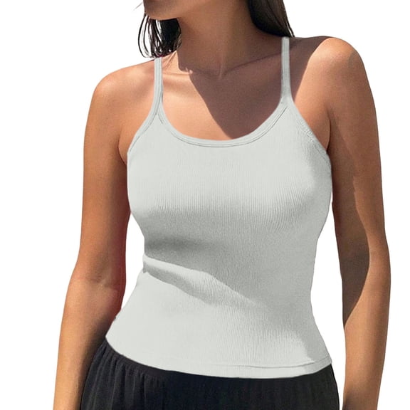 Bovemsi Women's Tanks & Camis Summer Ribbed Round Neck Vest Basic Style Solid Color Slim Fit Elastic Top White Camisole