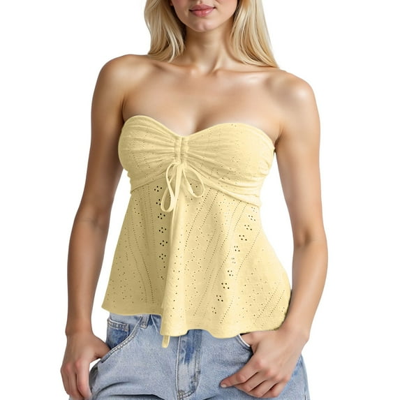 Bovemsi Women's Tanks & Camis Tie Front Ruched Tube Top Strapless Flared Peplum Bandeau Tops Camisoles for Under Clothes