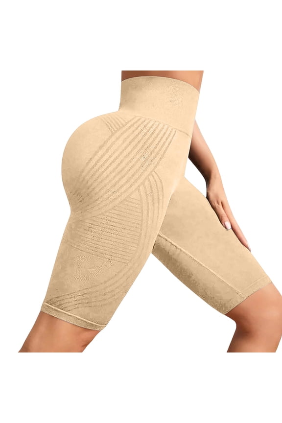 Women's Tummy Control Biker Shorts - Hip Lifting High Waisted, Textured Compression Tight Fit Peach Yoga Workout Athletic Leggings