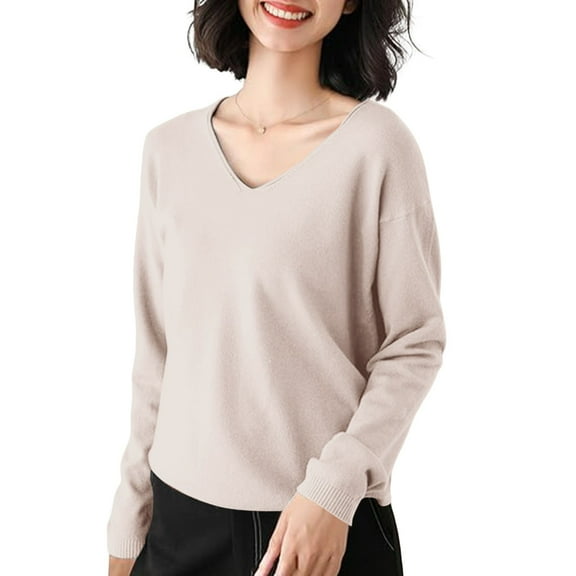 Bovemsi Women's V Neck Sweater Long Sleeved Solid Color Pullover with A Base Shirt Spring and Autumn Loose Sweater Top, Beige Summer Women's Long Sleeve T-Shirts, S