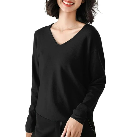 Bovemsi Women's V Neck Sweater Long Sleeved Solid Color Pullover with A Base Shirt Spring and Autumn Loose Sweater Top, Black Summer Women's Long Sleeve T-Shirts, S
