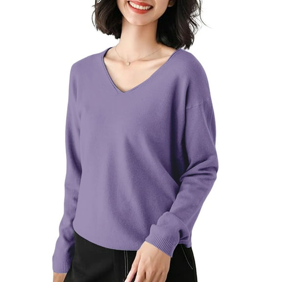 Bovemsi Women's V Neck Sweater Long Sleeved Solid Color Pullover with A Base Shirt Spring and Autumn Loose Sweater Top, Purple Summer Women's Long Sleeve T-Shirts, XL