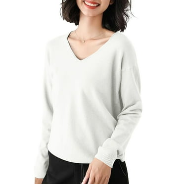 Bovemsi Women's V Neck Sweater Long Sleeved Solid Color Pullover with A Base Shirt Spring and Autumn Loose Sweater Top, White Summer Women's Long Sleeve T-Shirts, L