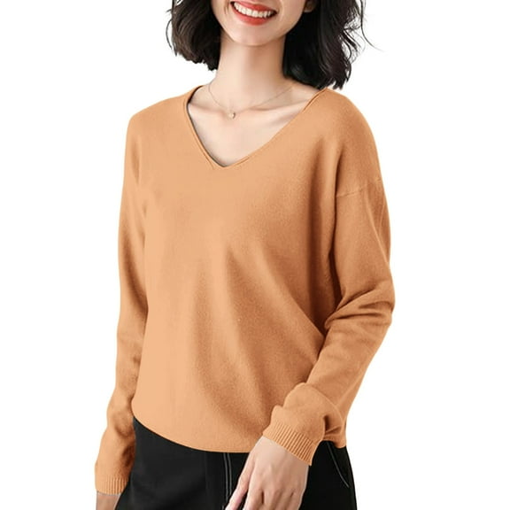 Bovemsi Women's V Neck Sweater Long Sleeved Solid Color Pullover with A Base Shirt Spring and Autumn Loose Sweater Top, Yellow Summer Women's Long Sleeve T-Shirts, XXL