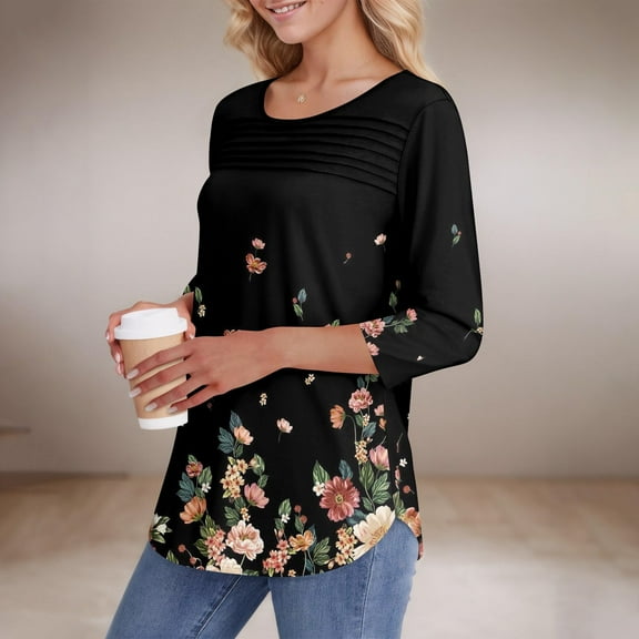 Bovemsi Womens 3/4 Length Sleeve Tops Casual Summer Pleated Front T Shirts Round Neck Business Work Tunic Blouse, Black Summer Women's Long Sleeve T-Shirts, L