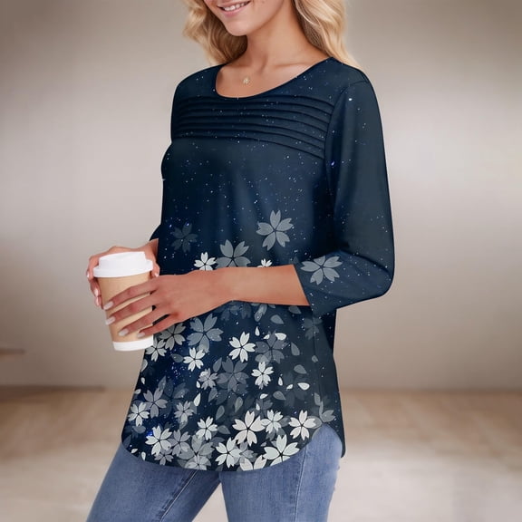 Bovemsi Womens 3/4 Length Sleeve Tops Casual Summer Pleated Front T Shirts Round Neck Business Work Tunic Blouse, Blue Summer Women's Long Sleeve T-Shirts, 3XL