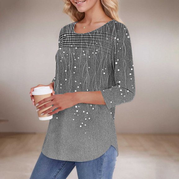 Bovemsi Womens 3/4 Length Sleeve Tops Casual Summer Pleated Front T Shirts Round Neck Business Work Tunic Blouse, Gray Summer Women's Long Sleeve T-Shirts, L