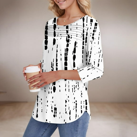 Bovemsi Womens 3/4 Length Sleeve Tops Casual Summer Pleated Front T Shirts Round Neck Business Work Tunic Blouse, White Summer Women's Long Sleeve T-Shirts, XXL