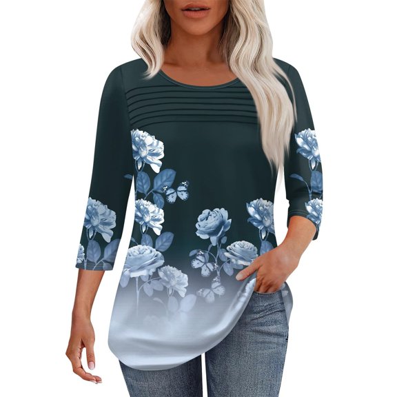 Bovemsi Womens 3/4 Length Sleeve Tops Casual Summer Pleated Front T Shirts Round Neck Business Work Tunic Blouses, Gray Summer Women's Long Sleeve T-Shirts, S