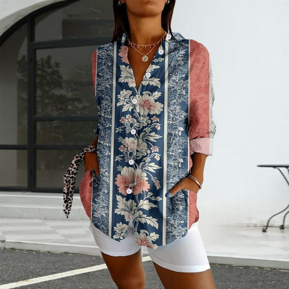 Bovemsi Womens Long Sleeve Boho Shirts V Neck Vintage Floral Tops Ladies Blouses Casual Graphic Shirt 2025 Spring, Blue Women's Summer Shirts, XXL