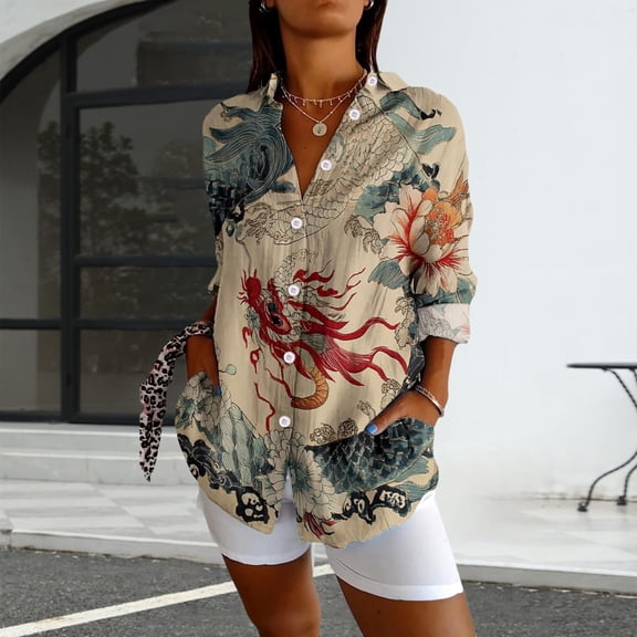 Bovemsi Womens Long Sleeve Boho Shirts V Neck Vintage Floral Tops Ladies Blouses Casual Graphic Shirt 2025 Spring, Gray Women's Summer Shirts, L
