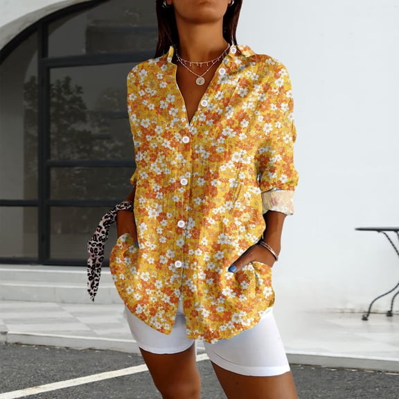 Bovemsi Womens Long Sleeve Boho Shirts V Neck Vintage Floral Tops Ladies Blouses Casual Graphic Shirt 2025 Spring, Orange Women's Summer Shirts, XXL