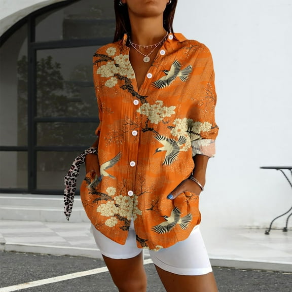 Bovemsi Womens Long Sleeve Boho Shirts V Neck Vintage Floral Tops Ladies Blouses Casual Graphic Shirt 2025 Spring, Orange Women's Summer Shirts, XXL