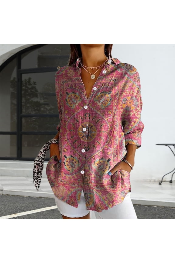Womens Long Sleeve Boho Shirts V Neck Vintage Floral Tops Ladies Blouses Casual Graphic Shirt 2025 Spring, Pink Women's Summer Shirts, L