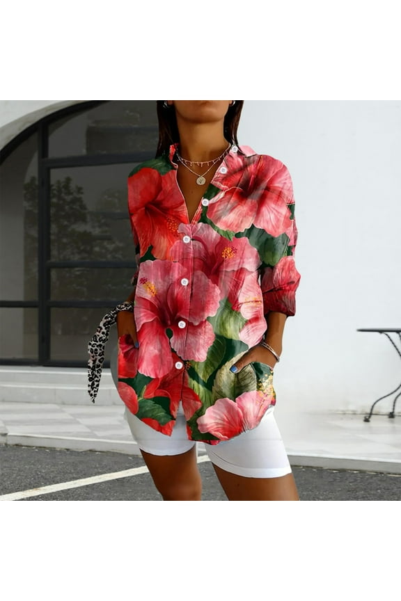 Womens Long Sleeve Boho Shirts V Neck Vintage Floral Tops Ladies Blouses Casual Graphic Shirt 2025 Spring, Pink Women's Summer Shirts, L