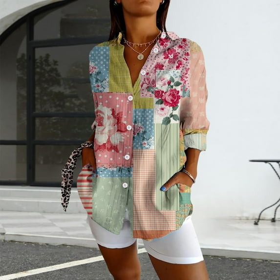 Bovemsi Womens Long Sleeve Boho Shirts V Neck Vintage Floral Tops Ladies Blouses Casual Graphic Shirt 2025 Spring, Pink Women's Summer Shirts, XXL