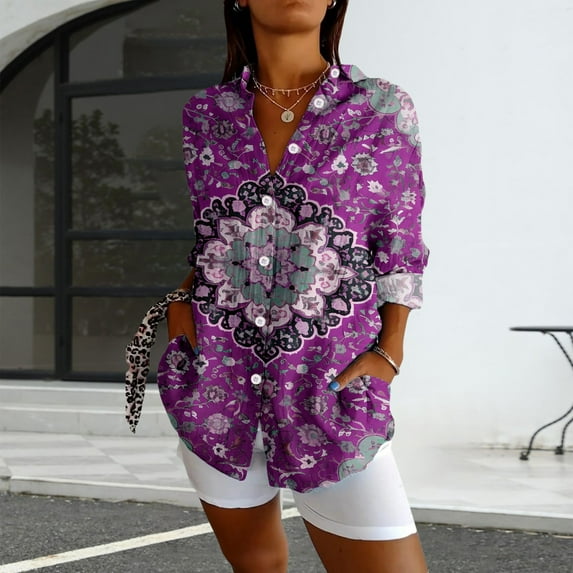 Bovemsi Womens Long Sleeve Boho Shirts V Neck Vintage Floral Tops Ladies Blouses Casual Graphic Shirt 2025 Spring, Purple Women's Summer Shirts, L