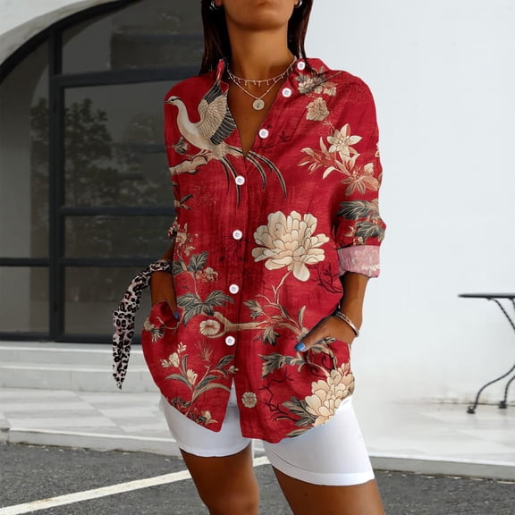 Bovemsi Womens Long Sleeve Boho Shirts V Neck Vintage Floral Tops Ladies Blouses Casual Graphic Shirt 2025 Spring, Red Women's Summer Shirts, L