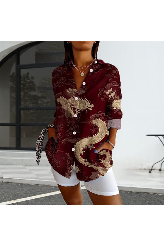 Womens Long Sleeve Boho Shirts V Neck Vintage Floral Tops Ladies Blouses Casual Graphic Shirt 2025 Spring, Red Women's Summer Shirts, M