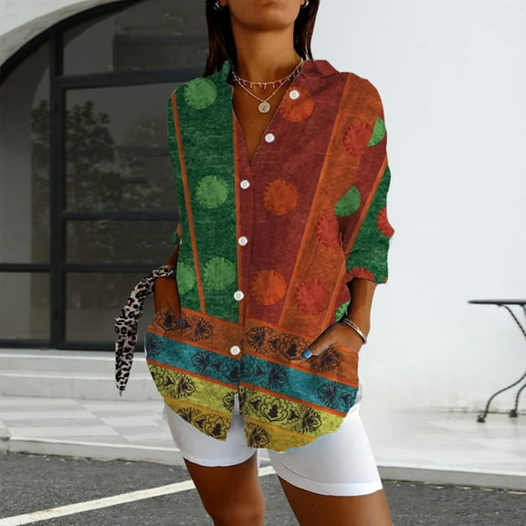 Bovemsi Womens Long Sleeve Boho Shirts V Neck Vintage Floral Tops Ladies Blouses Casual Graphic Shirt 2025 Spring, Red Women's Summer Shirts, S