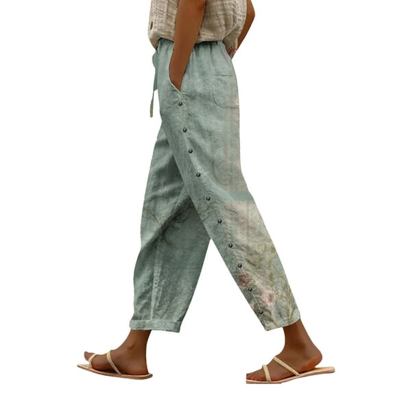 Bovemsi Womens Pants Women's Elastic Belt With Pocket Trousers Side Cropped Loose Casual Printed Straight Travel Pants