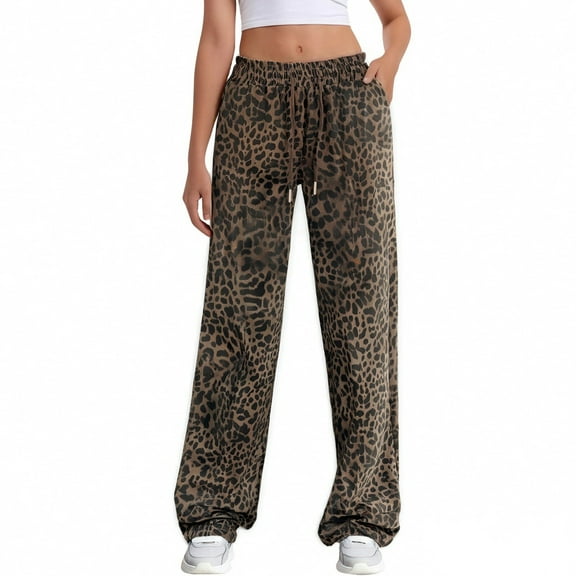 Bovemsi Womens Pants Women's Leopard Print Wide Leg Patched Elastic Waist Casual Loose Trousers Travel Pants