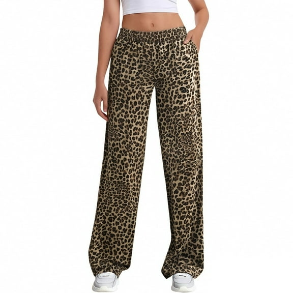 Bovemsi Womens Pants Women's Leopard Print Wide Leg Patched Elastic Waist Casual Loose Trousers Travel Pants