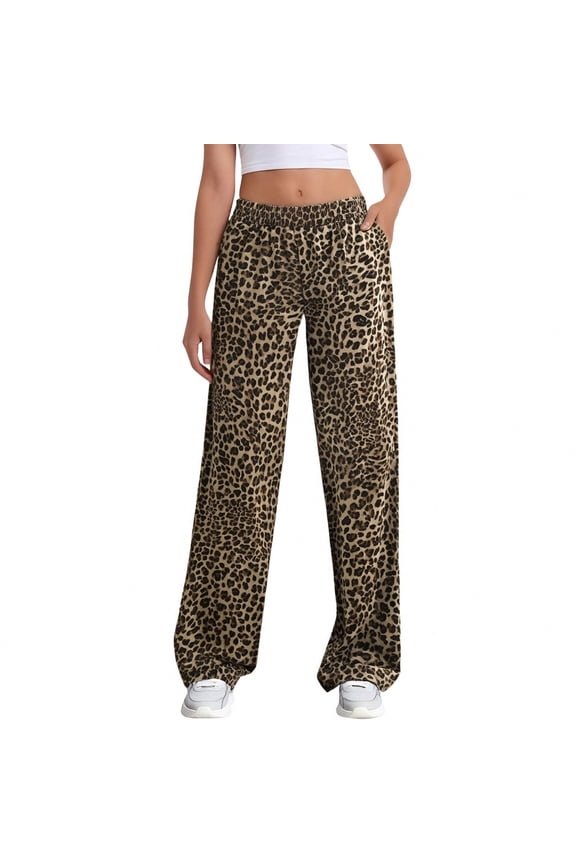 Womens Pants Women's Leopard Print Wide Leg Patched Elastic Waist Casual Loose Trousers Travel Pants