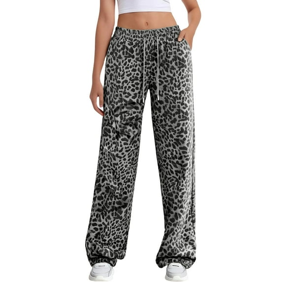 Bovemsi Womens Pants Women's Leopard Print Wide Leg Patched Elastic Waist Casual Loose Trousers Travel Pants