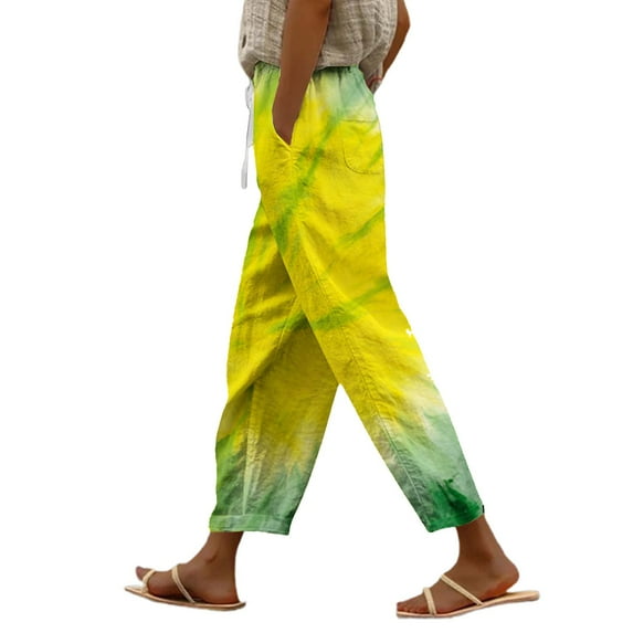 Bovemsi Womens Pants Women's Spring And Summer Casual 3D Printed Back Pocket Cotton Linen Tie Dye Loose Travel Pants