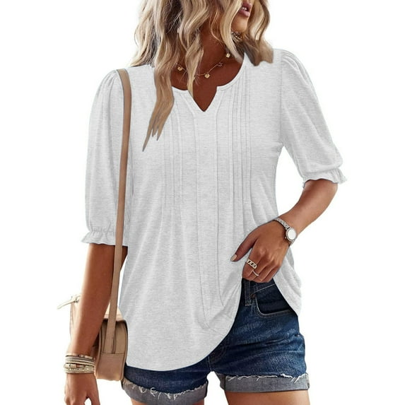Bovemsi Womens Puff Half Sleeve Summer Tunic Tops Casual Chest Pleated Shirts Work Blouse for Women, White Women's Summer Short Sleeve T-Shirts, M