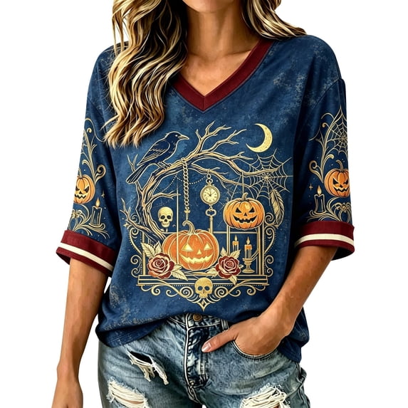 Bovemsi Womens Shirt Sleeve Tops Soft Loose‑Fit V‑Neck Half‑Sleeve Prints Fashion Outfits Clothes XXL