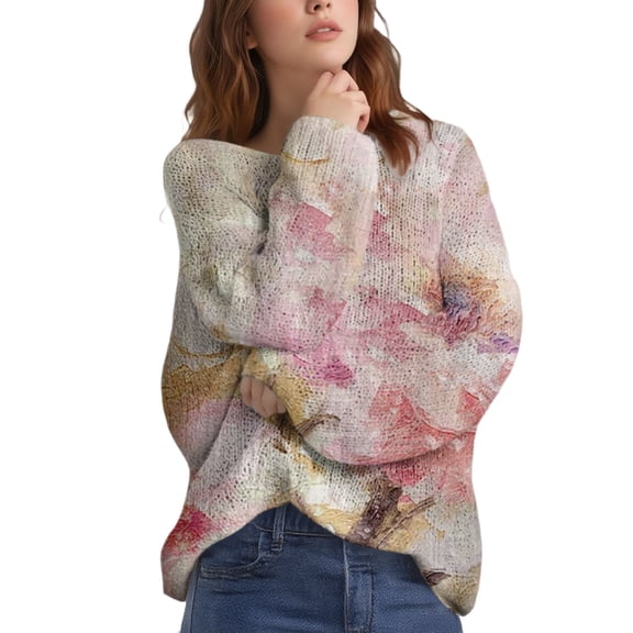 Bovemsi Womens Sweaters Art Print Casual Pullover Sweater Knitted For Women Fashion Long Sleeve Crewneck Blouse Winter Warm Layer Top Fall Sweaters