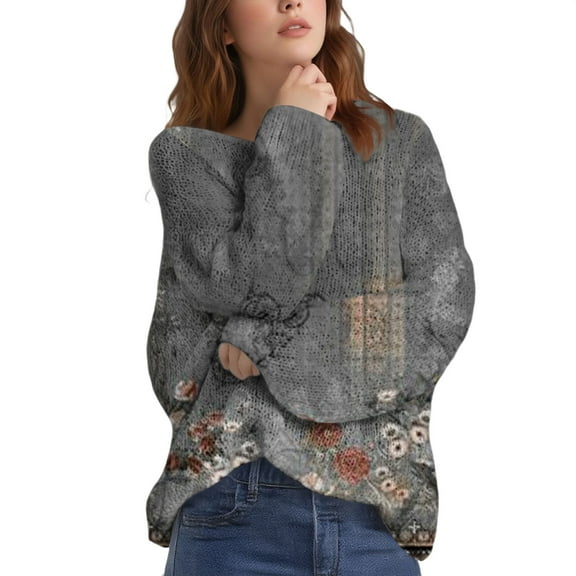 Bovemsi Womens Sweaters Art Print Casual Pullover Sweater Knitted For Women Fashion Long Sleeve Crewneck Blouse Winter Warm Layer Top Fall Sweaters